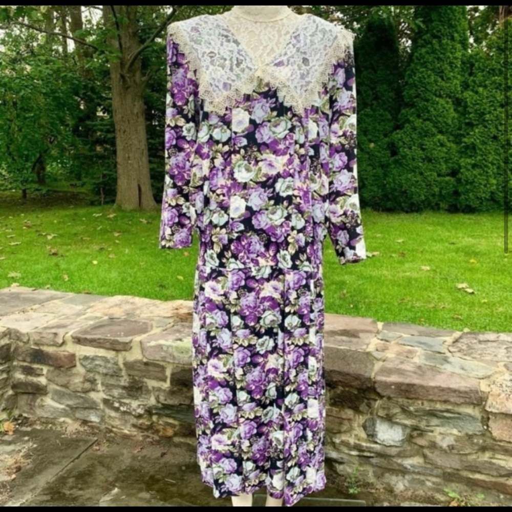 Vintage Cottagecore Lace Trimmed Drop Waist Floral Prairie Dress